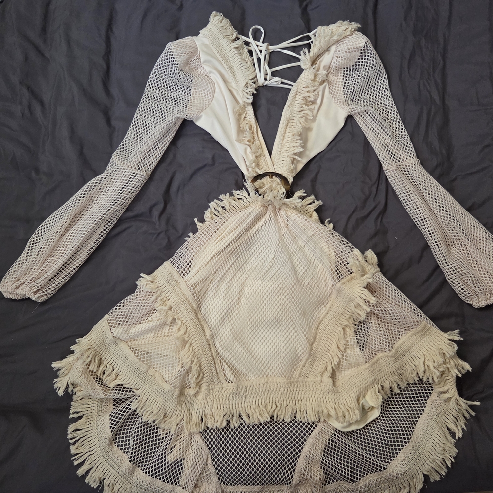 Fringed Mesh Dress with Lace-Up Back